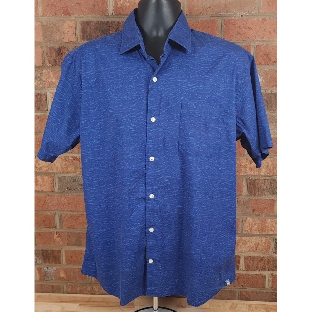 Peter Millar Mens Button Shirt Sea Swell Waves Short Sleeve Untucked Blue Large